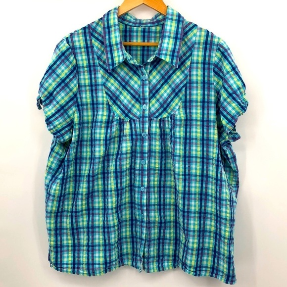 Plaid Button Down Shortsleeved Top Size XXL Blues Yellow Purple White - Picture 1 of 9